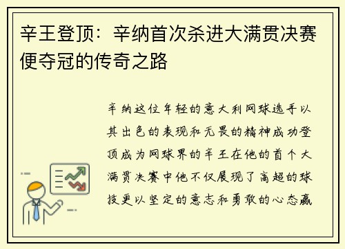 辛王登顶：辛纳首次杀进大满贯决赛便夺冠的传奇之路