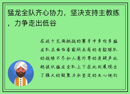 猛龙全队齐心协力，坚决支持主教练，力争走出低谷