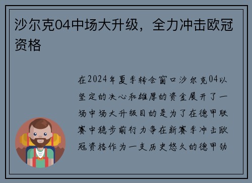 沙尔克04中场大升级，全力冲击欧冠资格